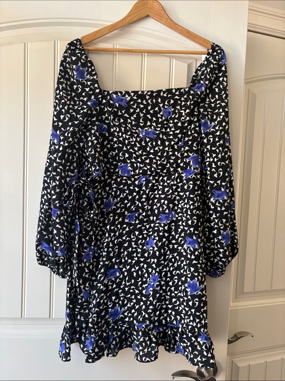 BCBGeneration Black Mini Dress with Blue & White Floral Pattern
